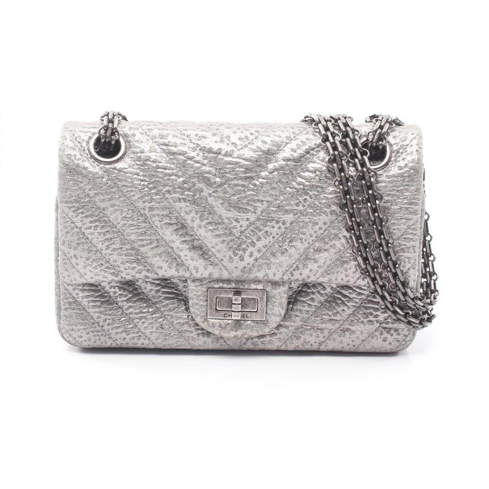 Chanel 2.55 Chevron V-stitch Mini Shoulder Bag Handbag Leather Women's Silver